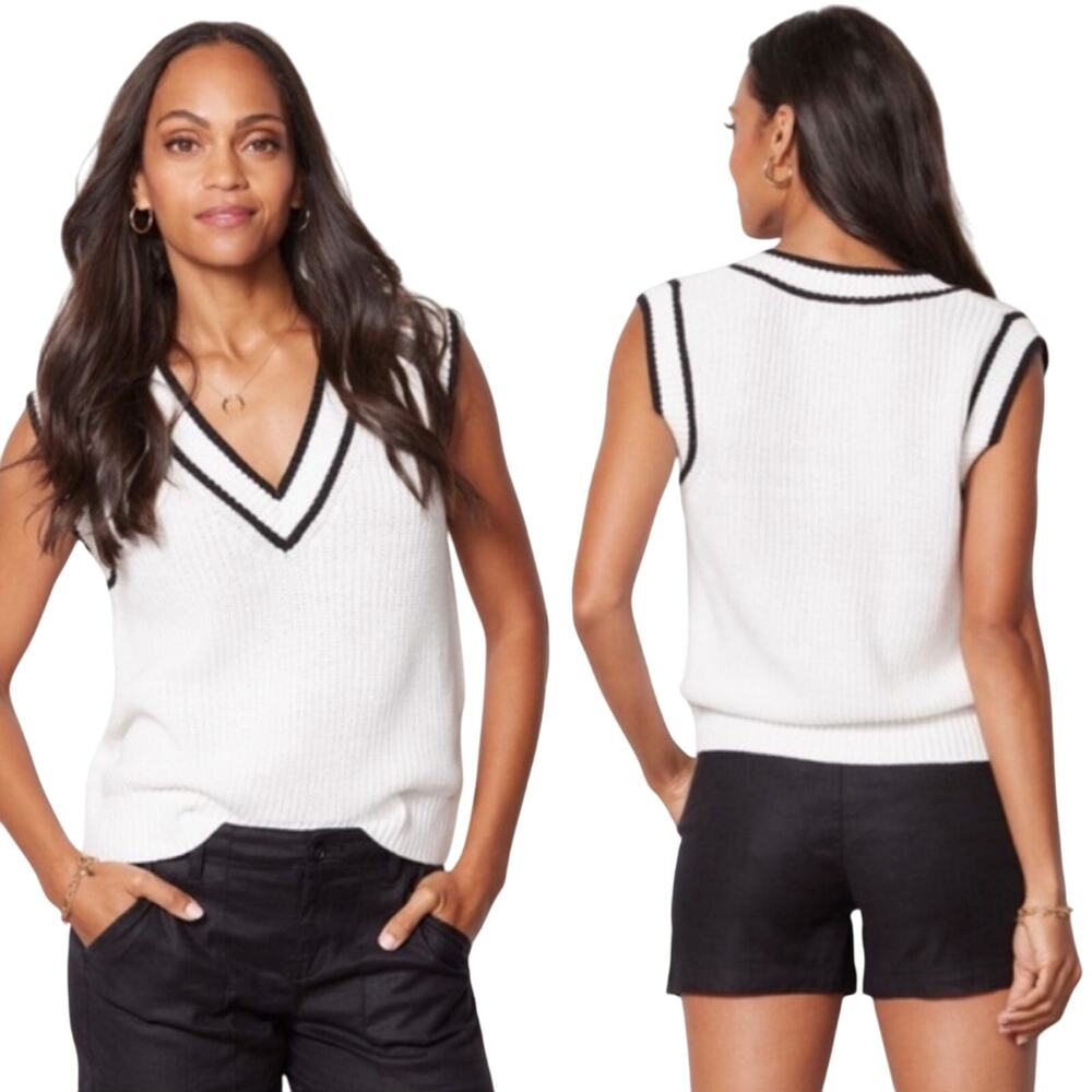 Evereve Chloe Striped Sweater Vest Cotton Blend V Neck Slouchy White Black Small